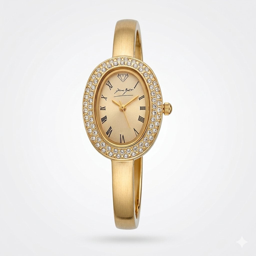 Montre retro ovale, contour serti de cristaux , finit or 18 kt