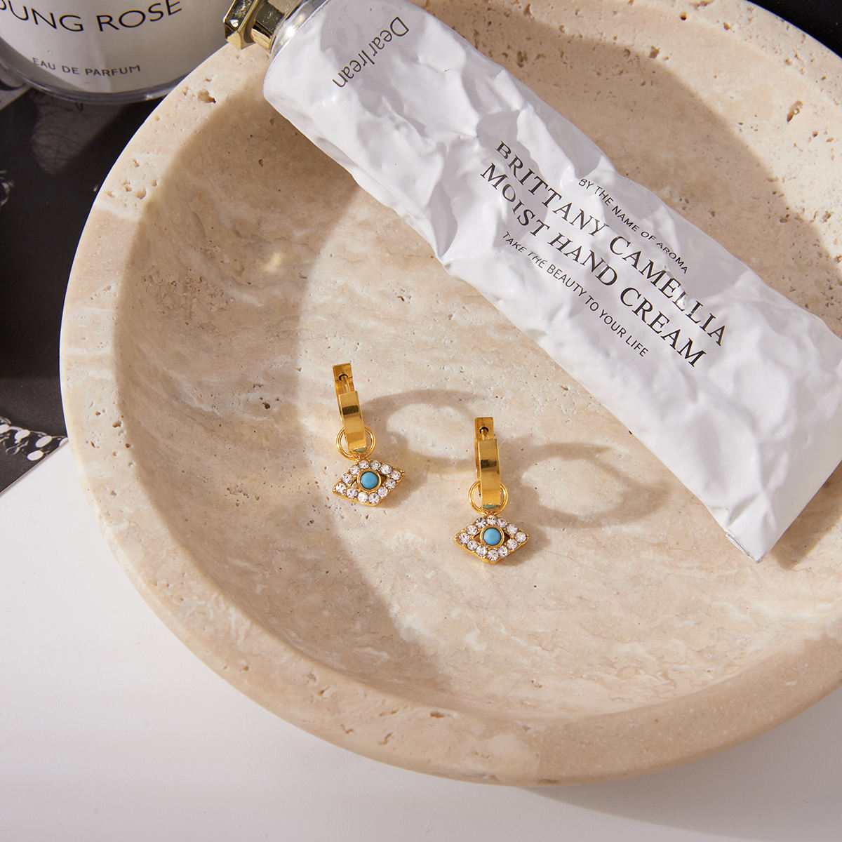 Oeil d'HOrus, boucles d'oreilles, turquoises et zircons