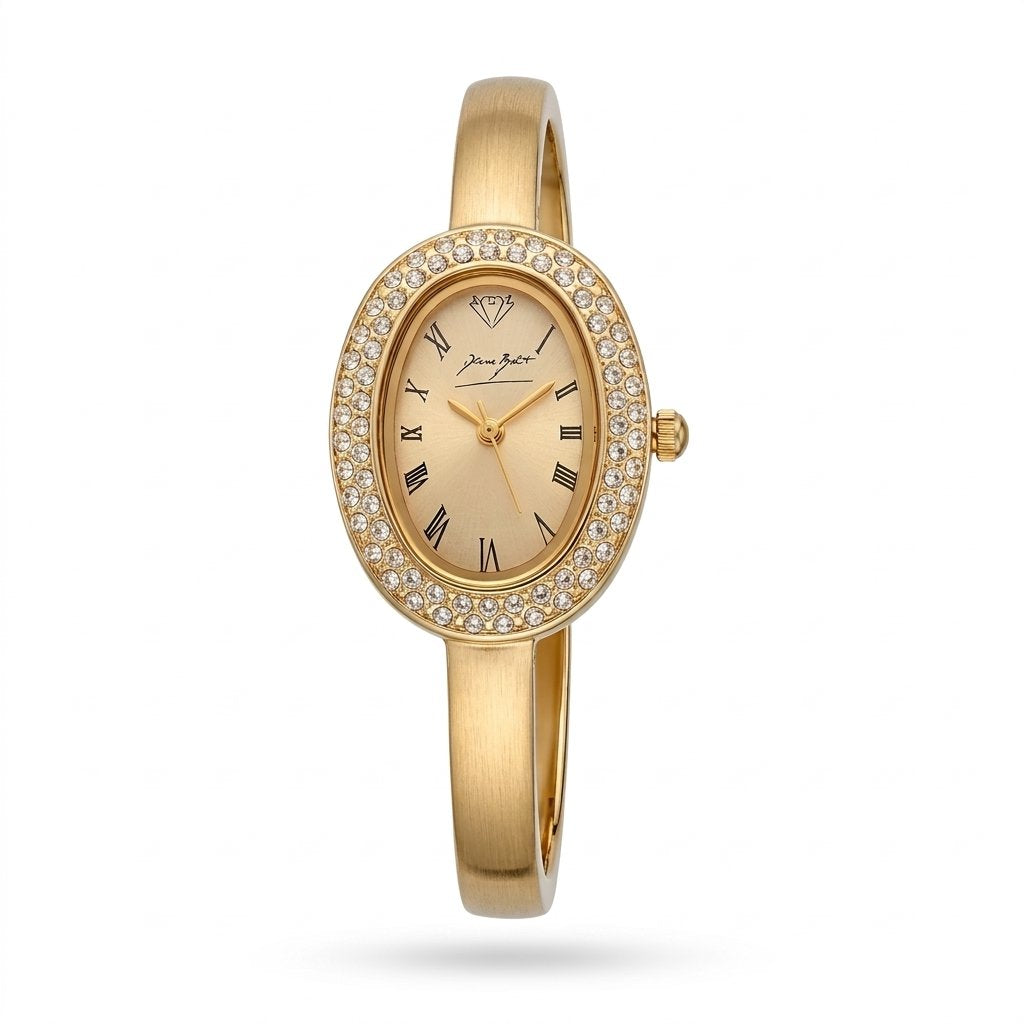 Montre retro ovale, contour serti de cristaux , finit or 18 kt