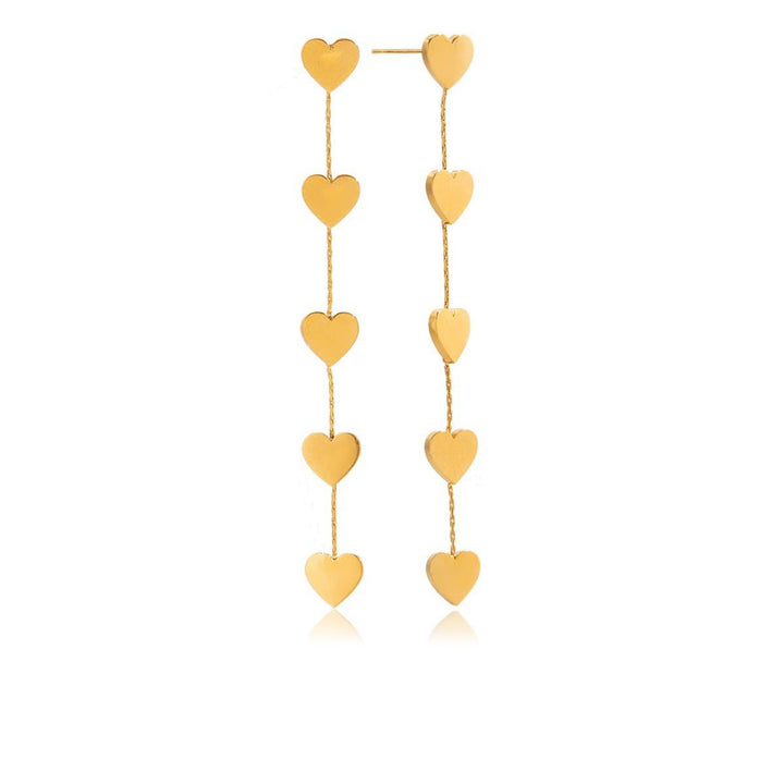 Romana,boucles d'oreilles doré fini or 18 carat, pendant cinq coeurs