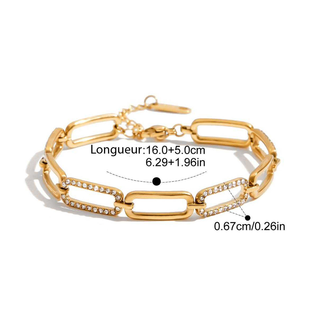 Yasmine, bracelet chaine plaqué or 18kt zircons rectangles