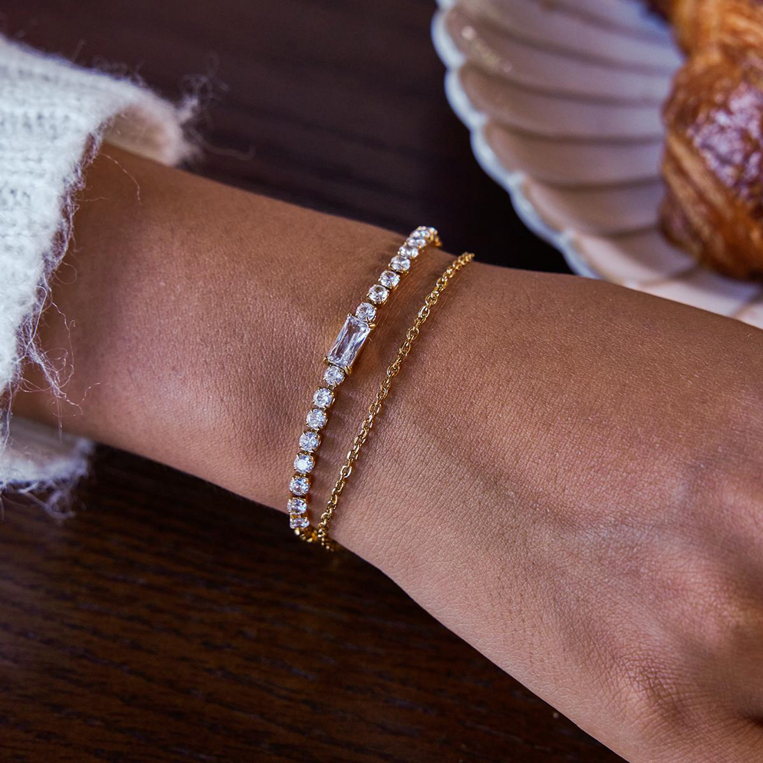 Bianca, bracelet chaine double plaqué or 18 kt strass blanc