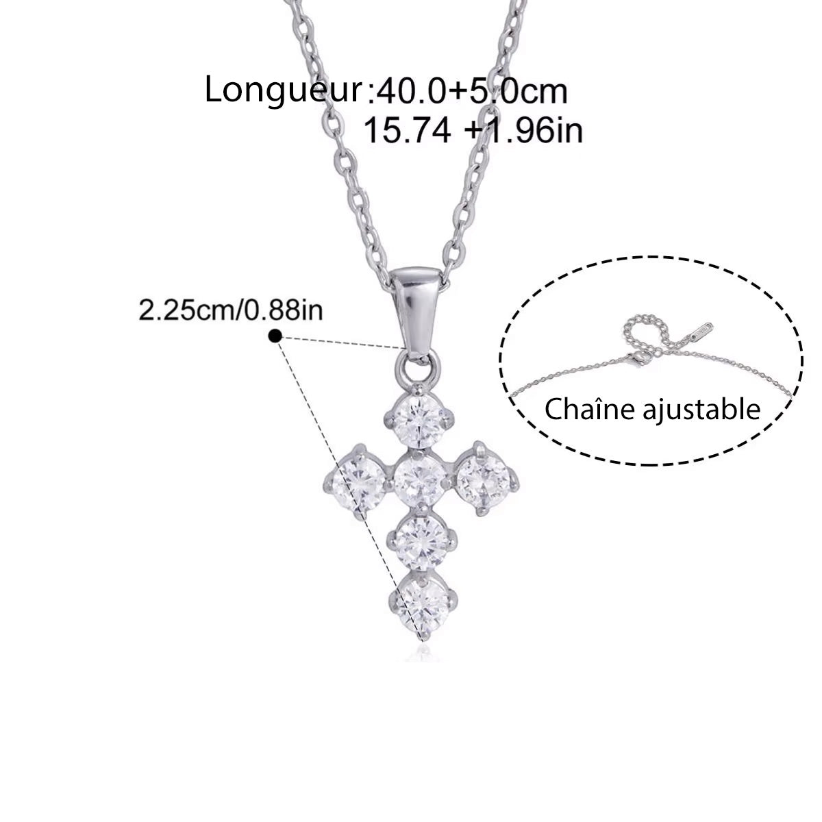 Amelia, collier croix acier inoxydable zircons