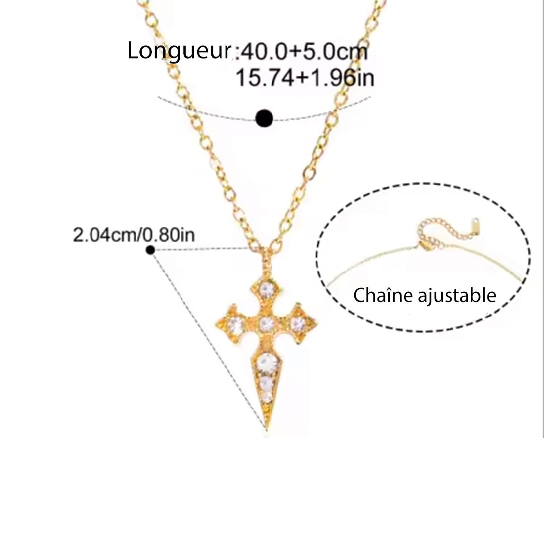 Maria, collier chaine croix plaqué or 18 kt zircons
