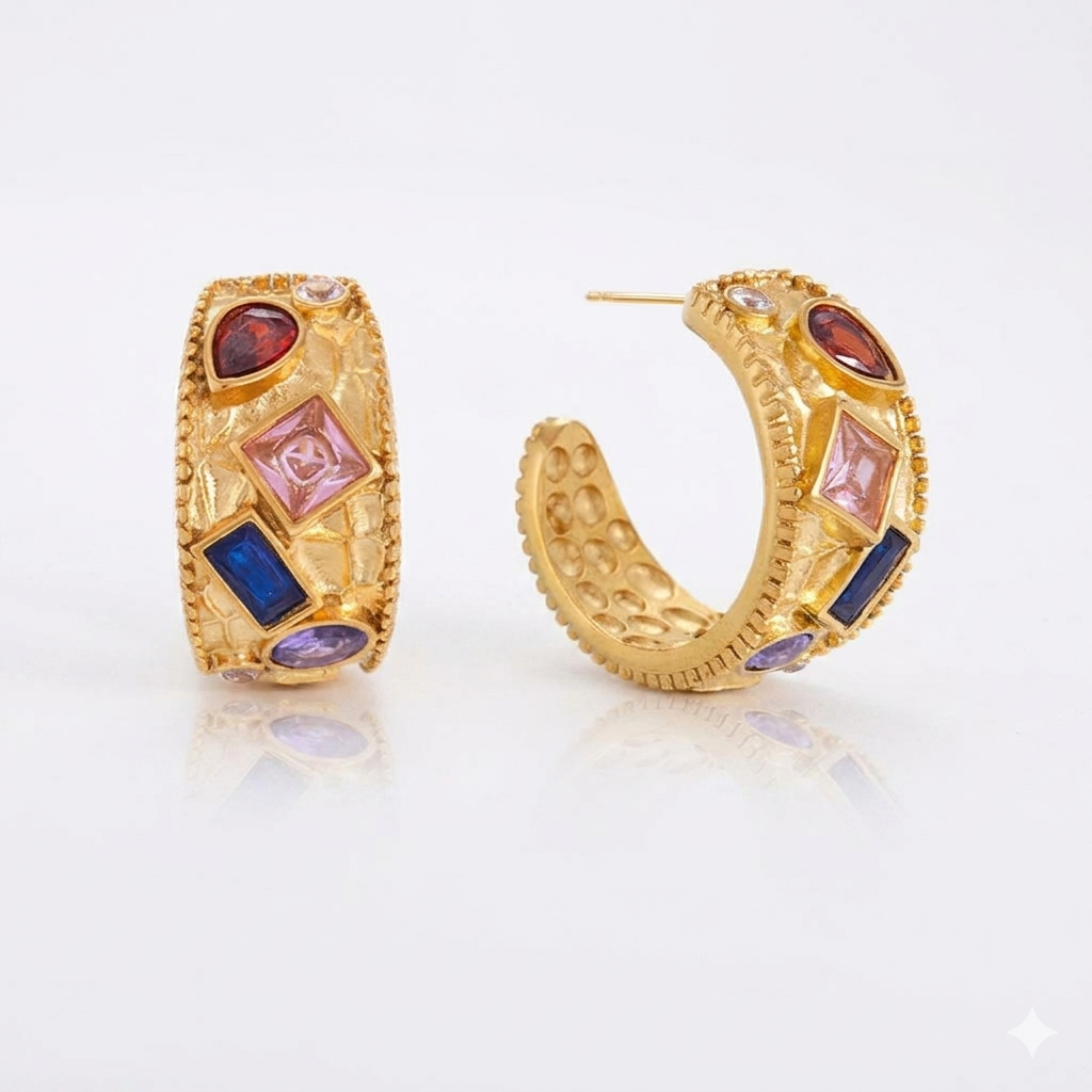 Carolina, boucles d'oreilles, fini or 18 ct, zircons de couleurs formes géométriques