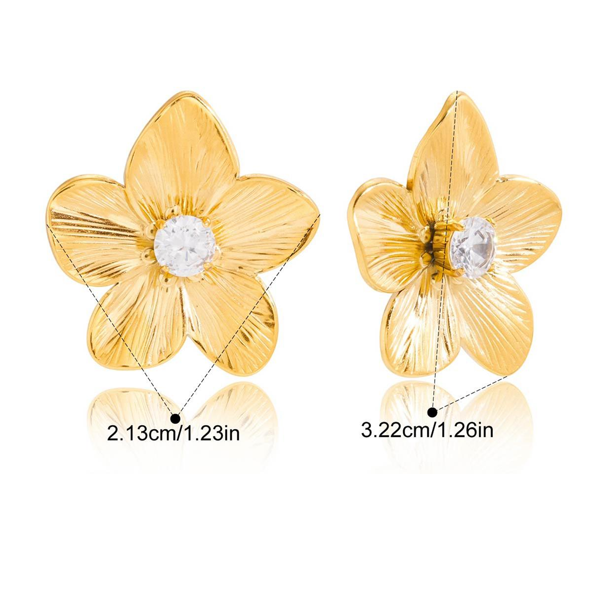 Flora, Boucle d'oreille  pétales plaqués or 18 carat et gros zircon central