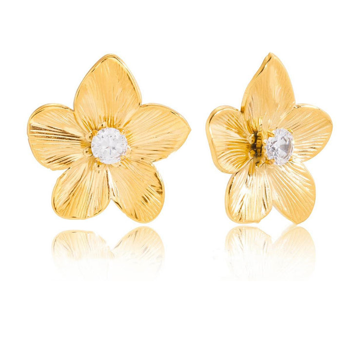 Flora, Boucle d'oreille  pétales plaqués or 18 carat et gros zircon central