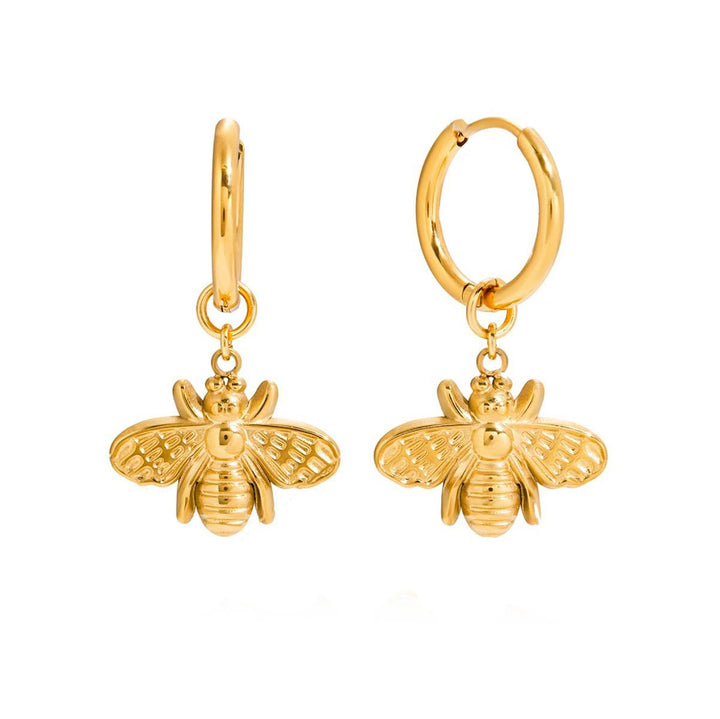 Miel , boucles d'oreille annaux avec abeille pendante or 18 carats