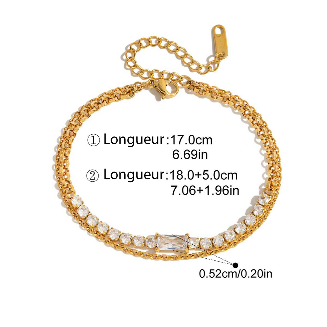 Bianca, bracelet chaine double plaqué or 18 kt strass blanc