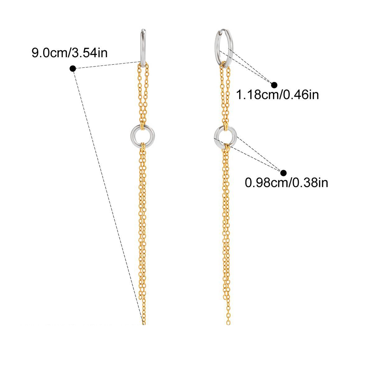 Ruth, boucles d'oreilles, chaines  pendantes deux tons, deux anneaux, acier inoxydable