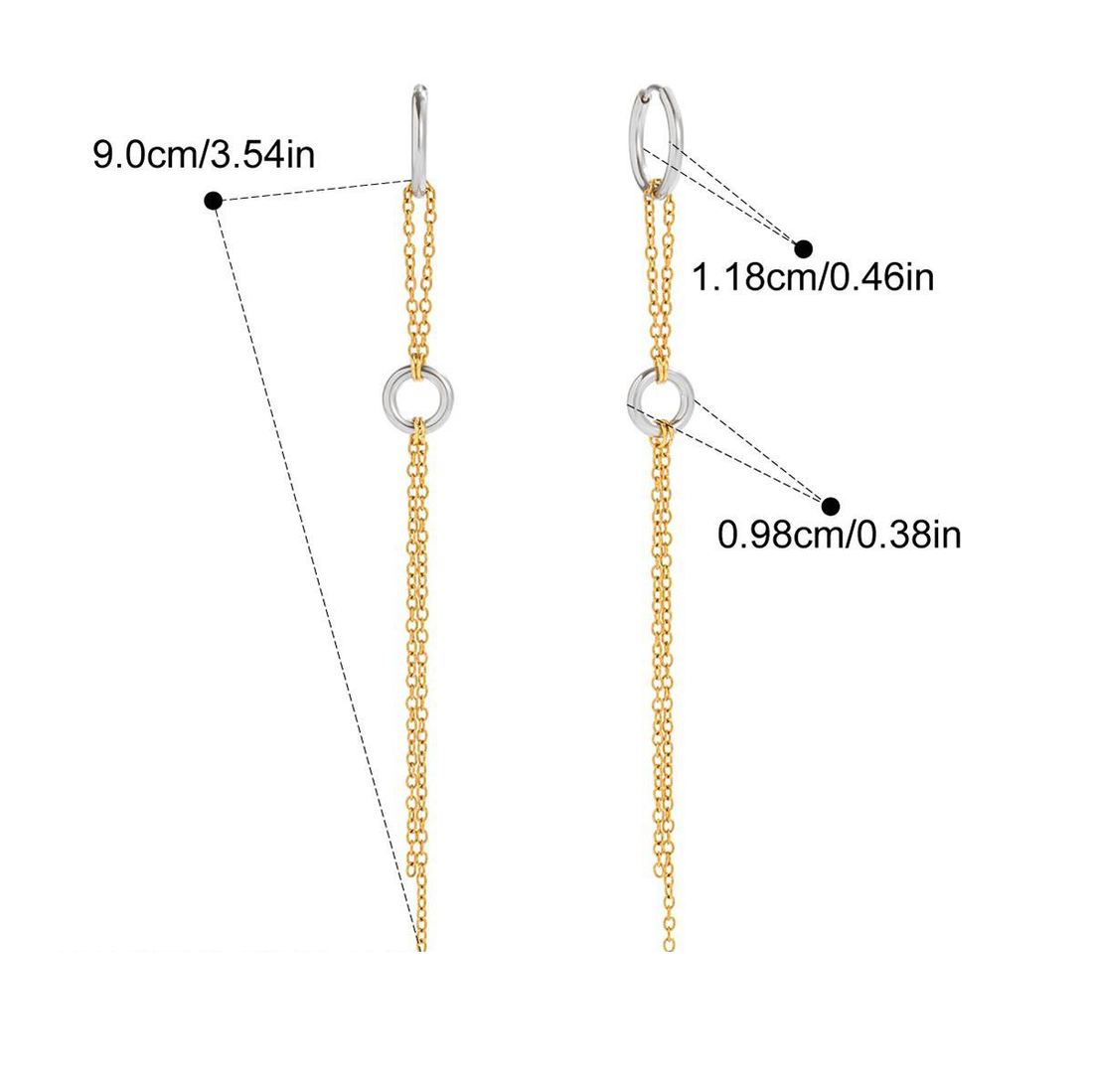 Ruth, boucles d'oreilles, chaines  pendantes deux tons, deux anneaux, acier inoxydable