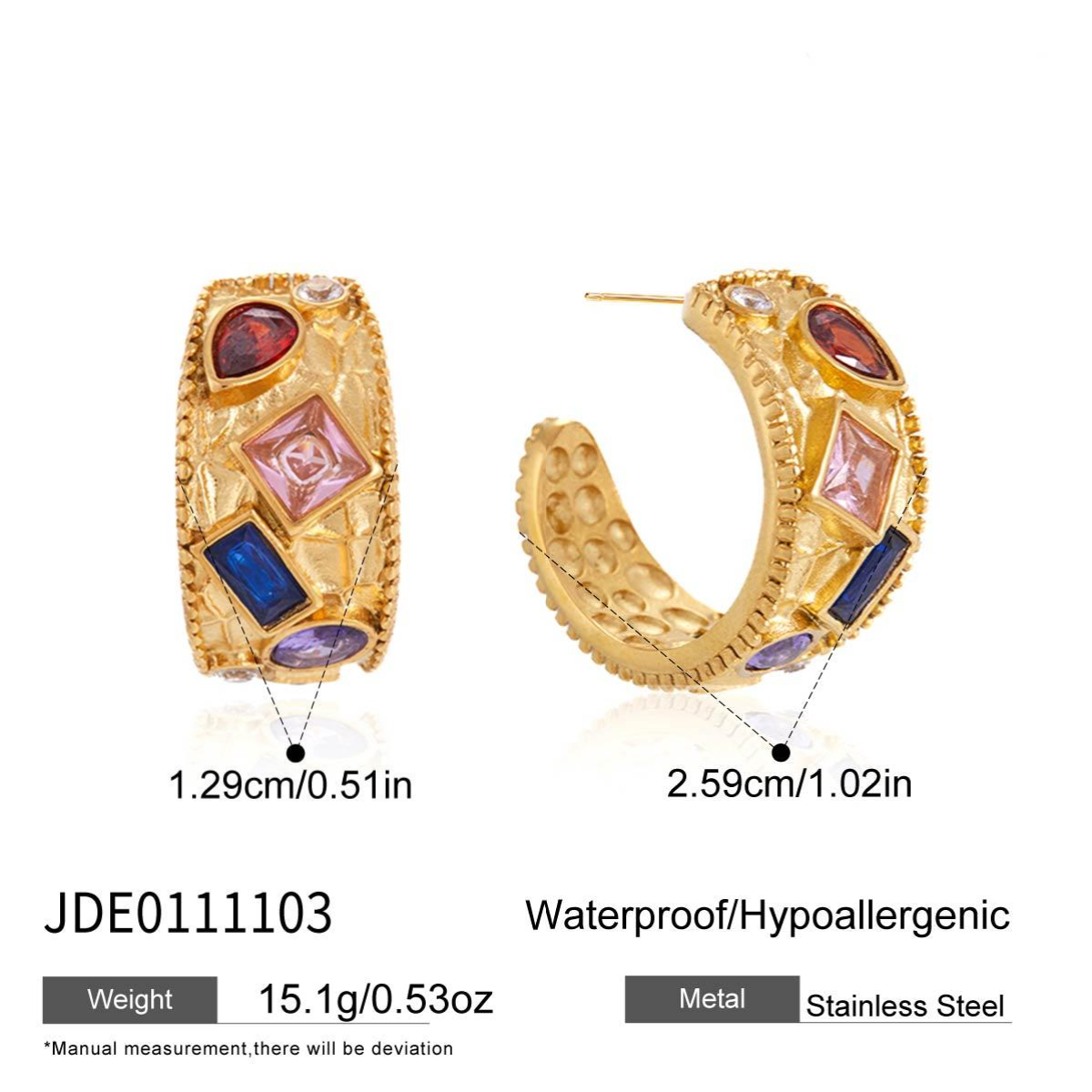 Carolina, boucles d'oreilles, fini or 18 ct, zircons de couleurs formes géométriques