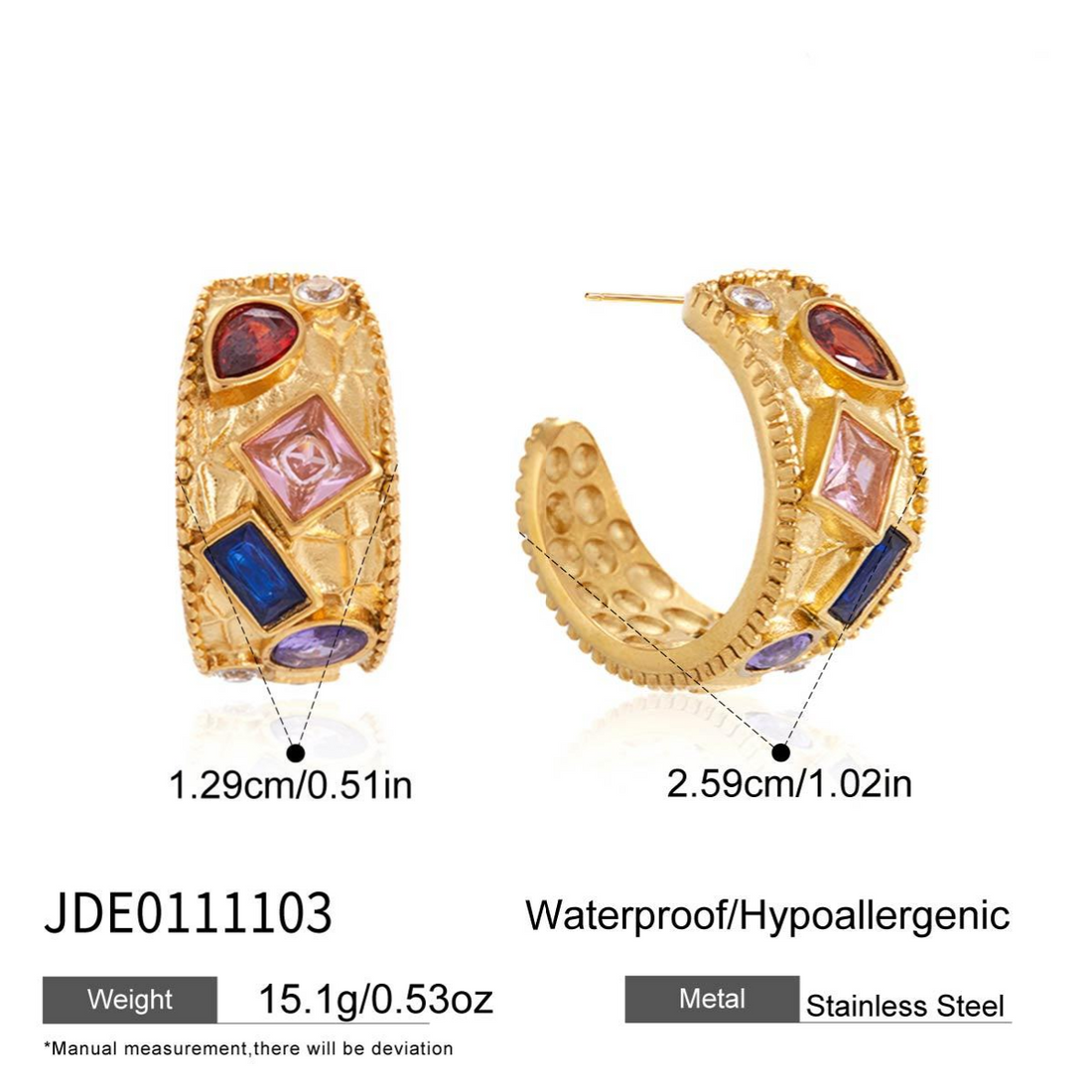 Carolina, boucles d'oreilles, fini or 18 ct, zircons de couleurs formes géométriques