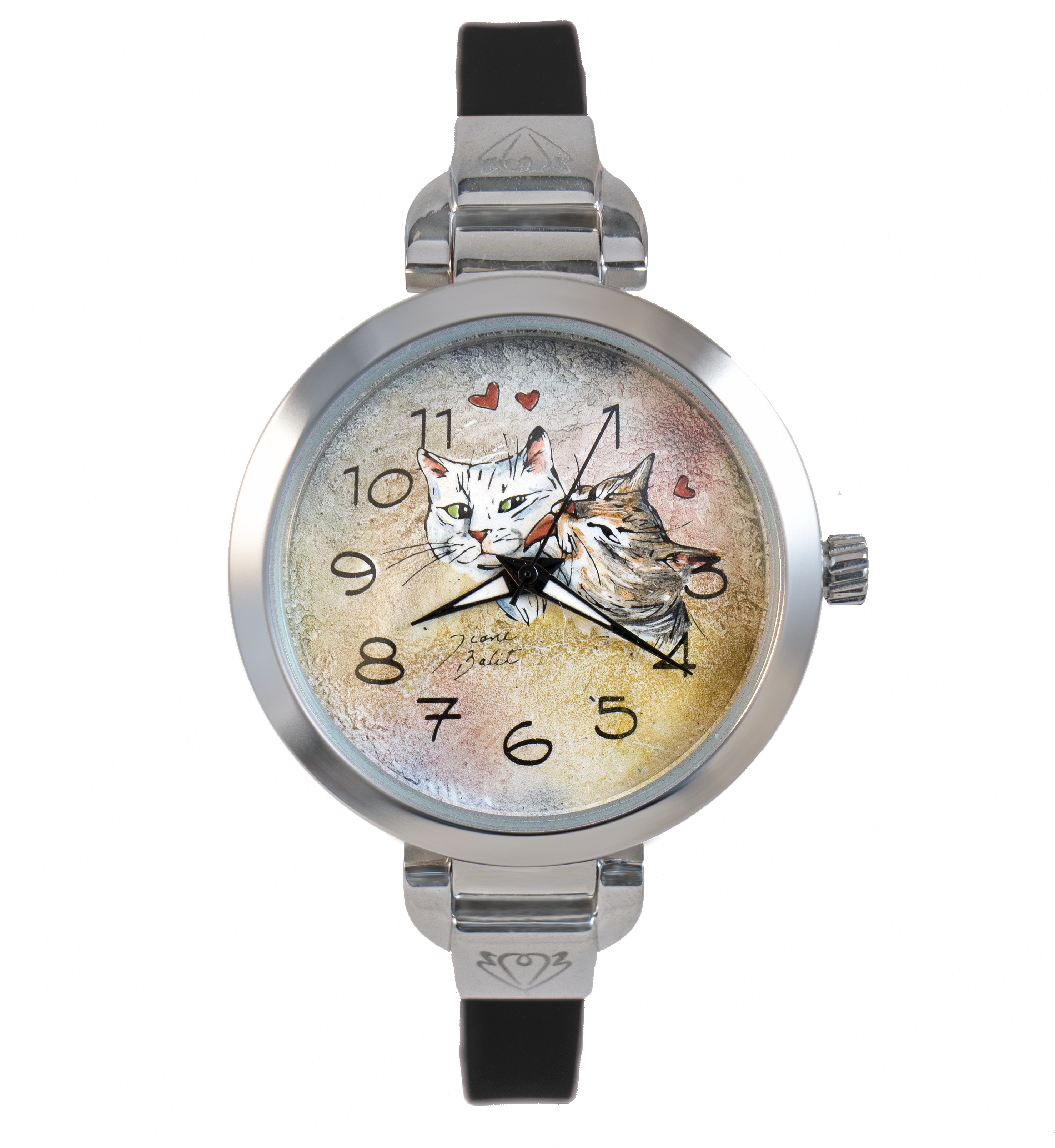 Montre femme artisanale acier mince bracelet silicone |CHATS AMOUREUX