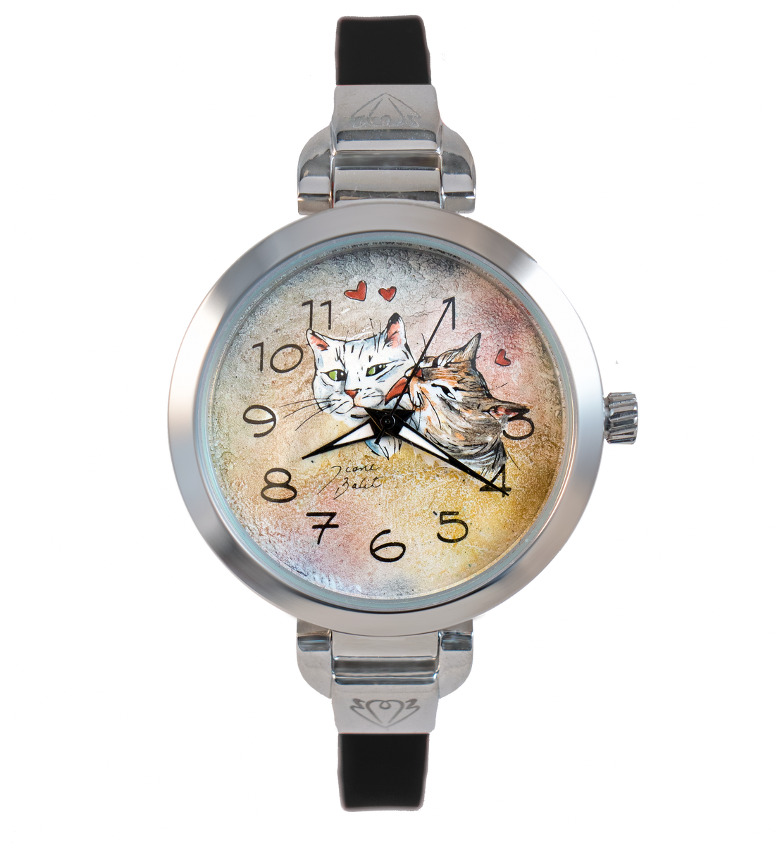 Montre femme artisanale acier mince bracelet silicone |CHATS AMOUREUX