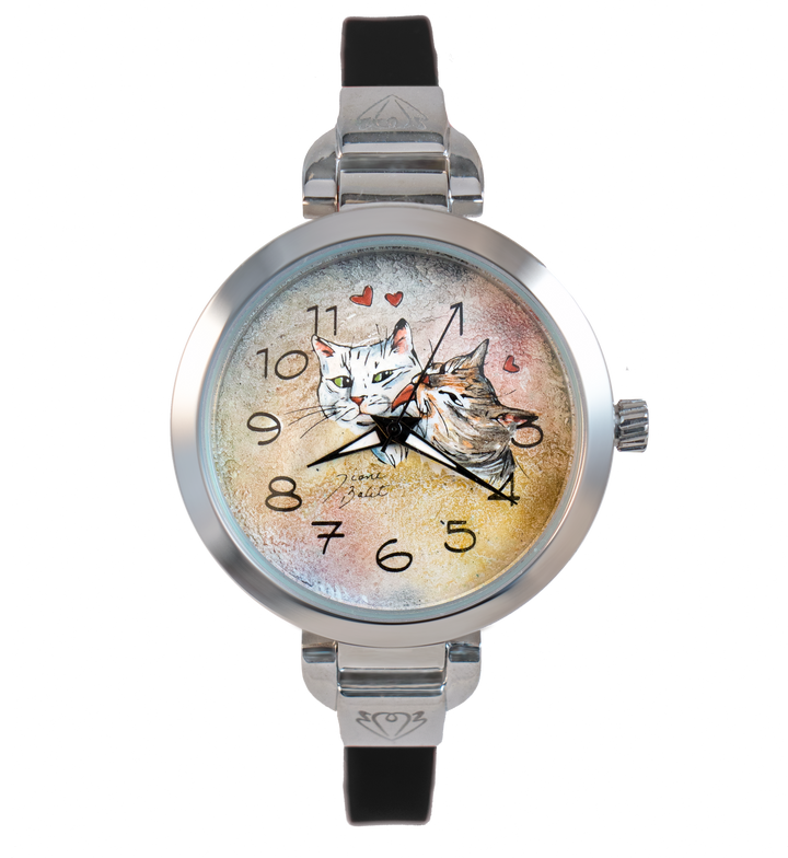 Montre femme artisanale acier mince bracelet silicone |CHATS AMOUREUX