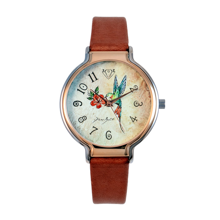 Montre tendance fini or rose et acier inoxydable/ OISEAU MOUCHE FLEUR
