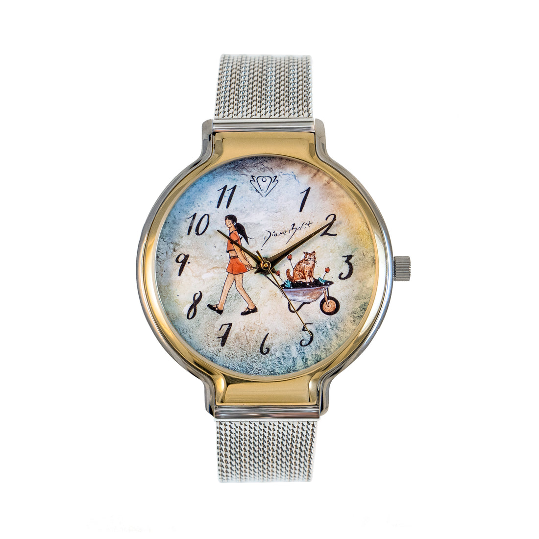 montre tendance fini or et acier inoxydable / FILLE BROUETTE CHAT