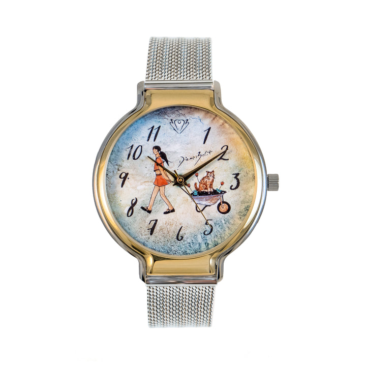 montre tendance fini or et acier inoxydable / FILLE BROUETTE CHAT