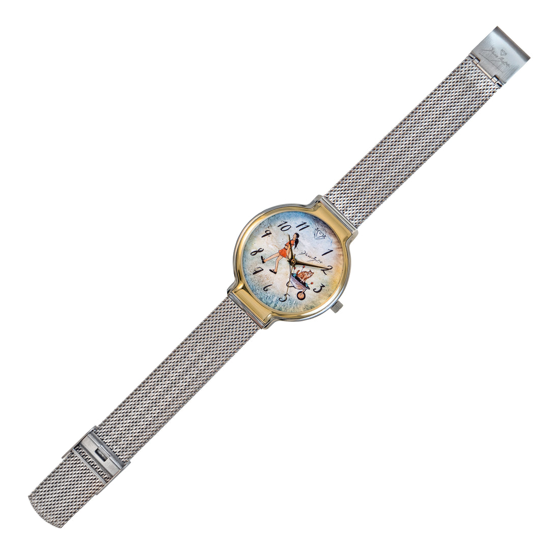 montre tendance fini or et acier inoxydable / FILLE BROUETTE CHAT