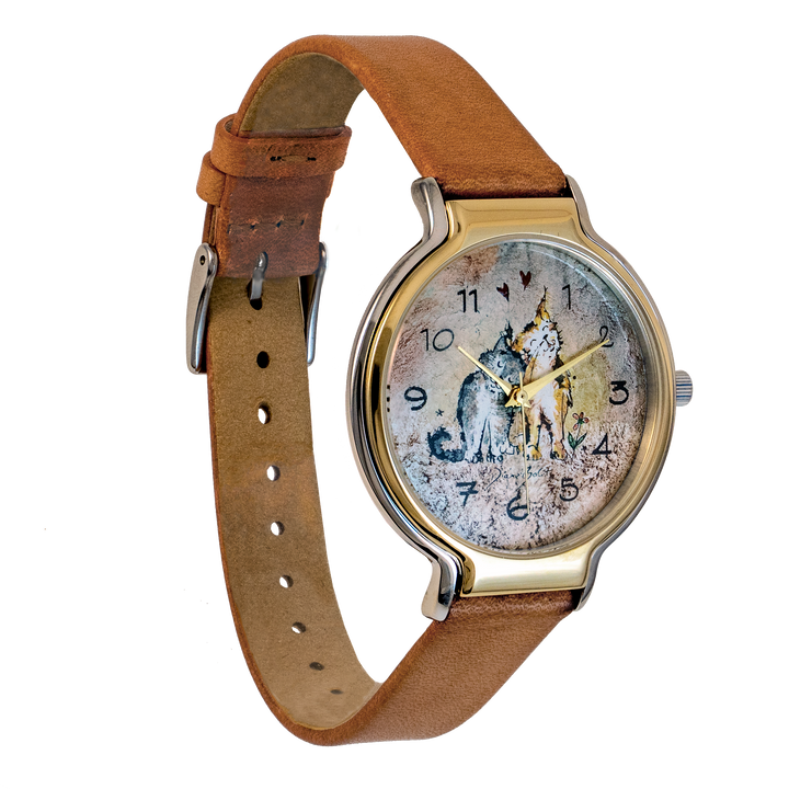 Montre femme tendance fini or et acier inoxydable/ CHATS INSÉPARABLES