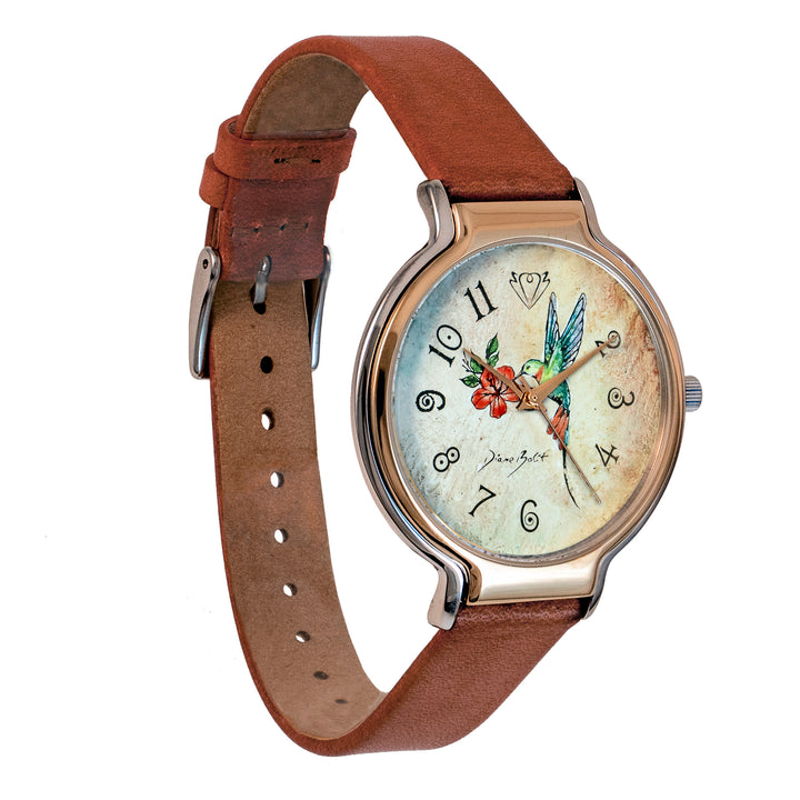 Montre tendance fini or rose et acier inoxydable/ OISEAU MOUCHE FLEUR