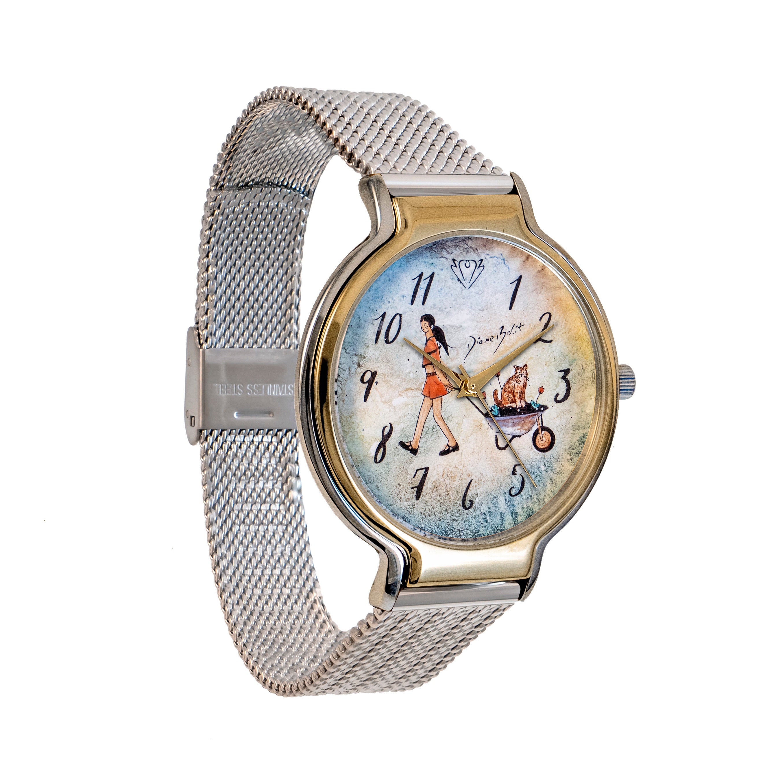 montre tendance fini or et acier inoxydable / FILLE BROUETTE CHAT