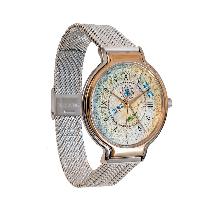 Montre tendance fini or  rose et acier inoxydable / LIBELLULES FLEUR