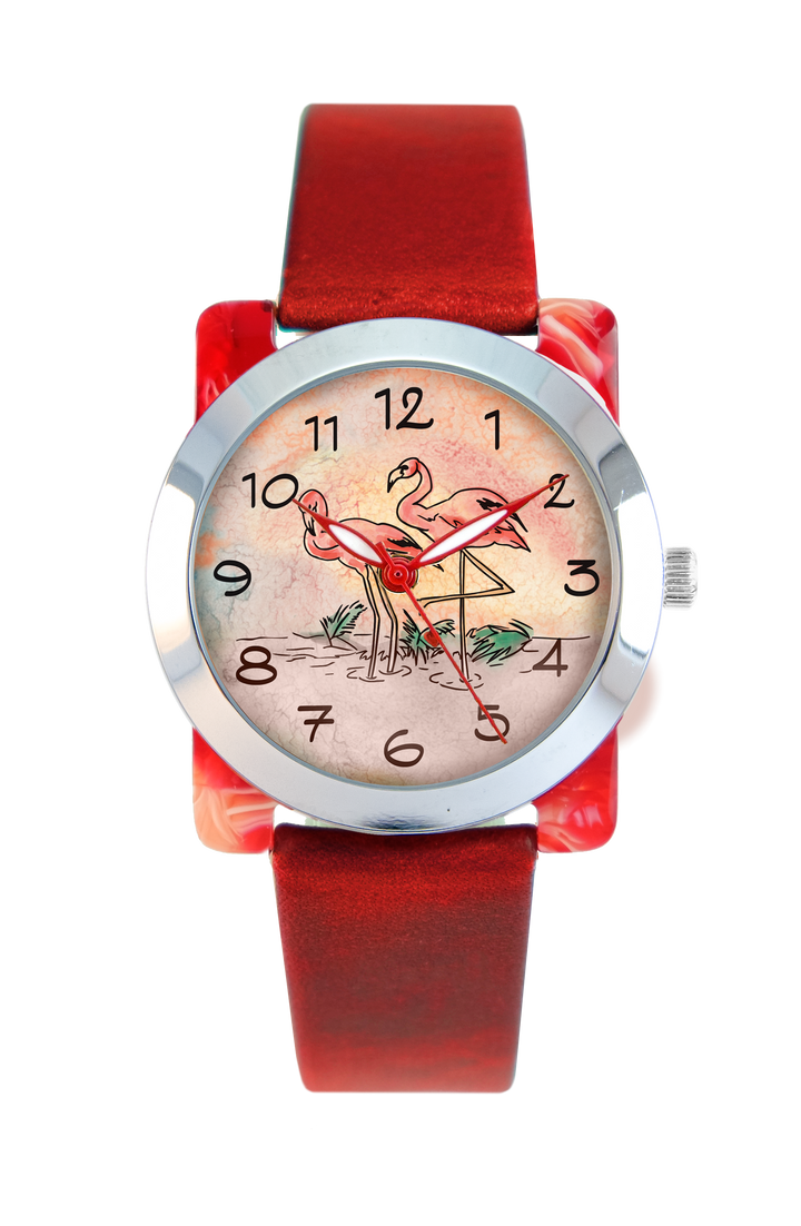 Trendy Hand Painted Ladies Watch | PINK FLAMINGOS