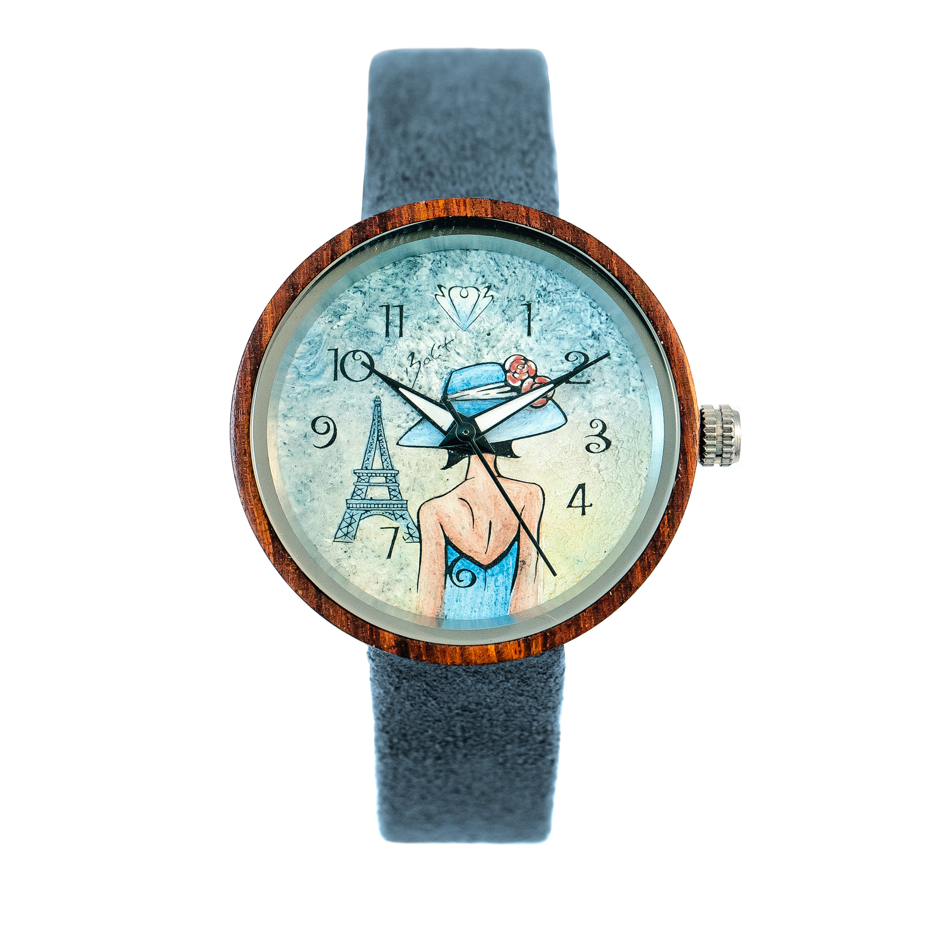 Montre femme bois exotic artistique | FEMME CHAPEAU TOUR EIFFEL