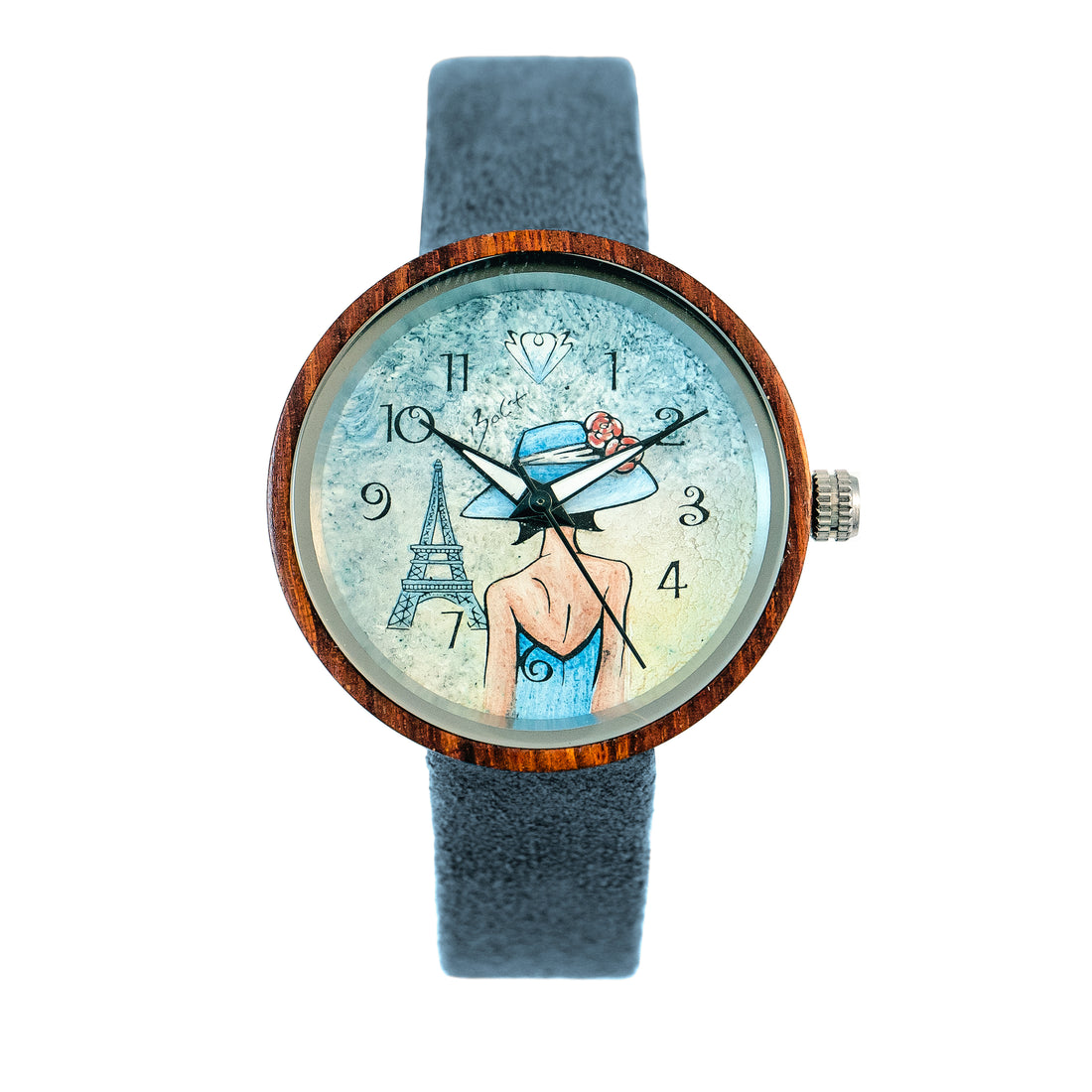 Montre femme bois exotic artistique | FEMME CHAPEAU TOUR EIFFEL