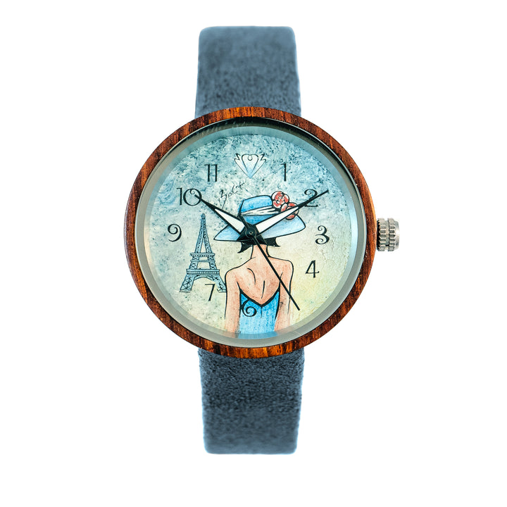 Montre femme bois exotic artistique | FEMME CHAPEAU TOUR EIFFEL