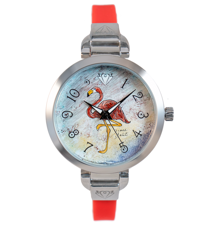 Montre femme fait à la main acier mince bracelet silicone | FLAMANT ROSE