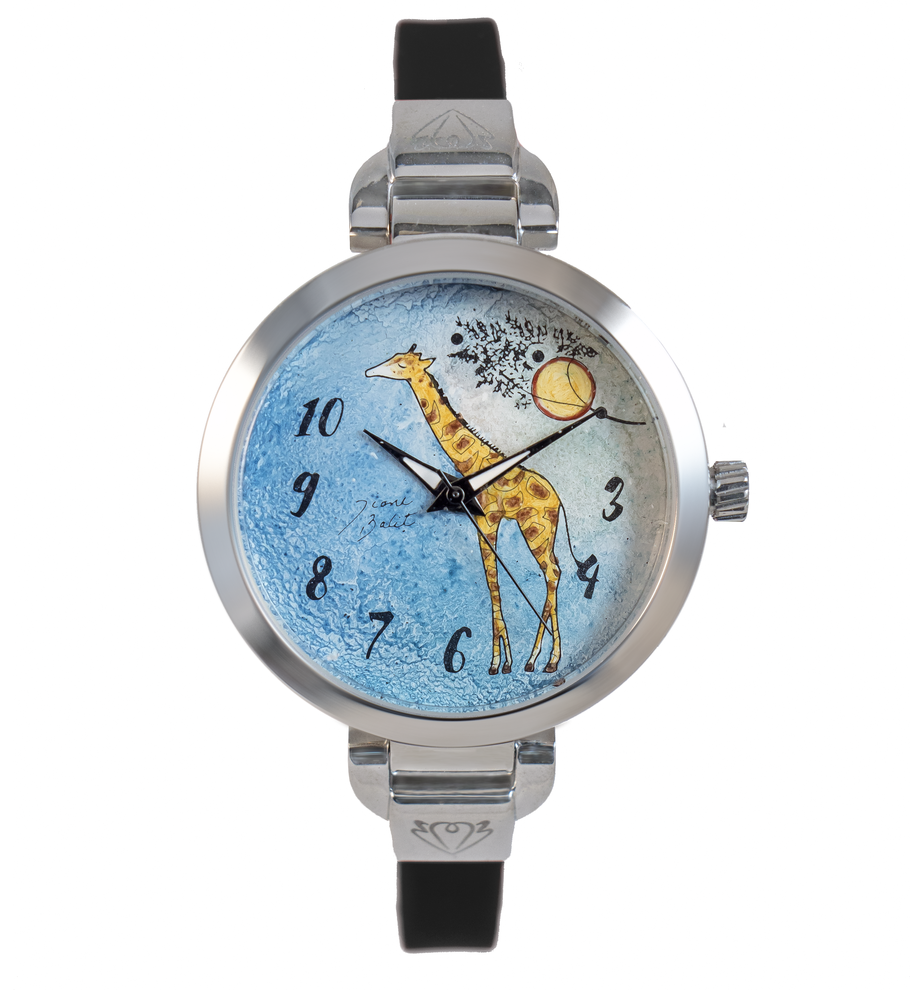Montre femme peinte à la main acier mince bracelet silicone | GIRAFFE AVEC SOLEIL
