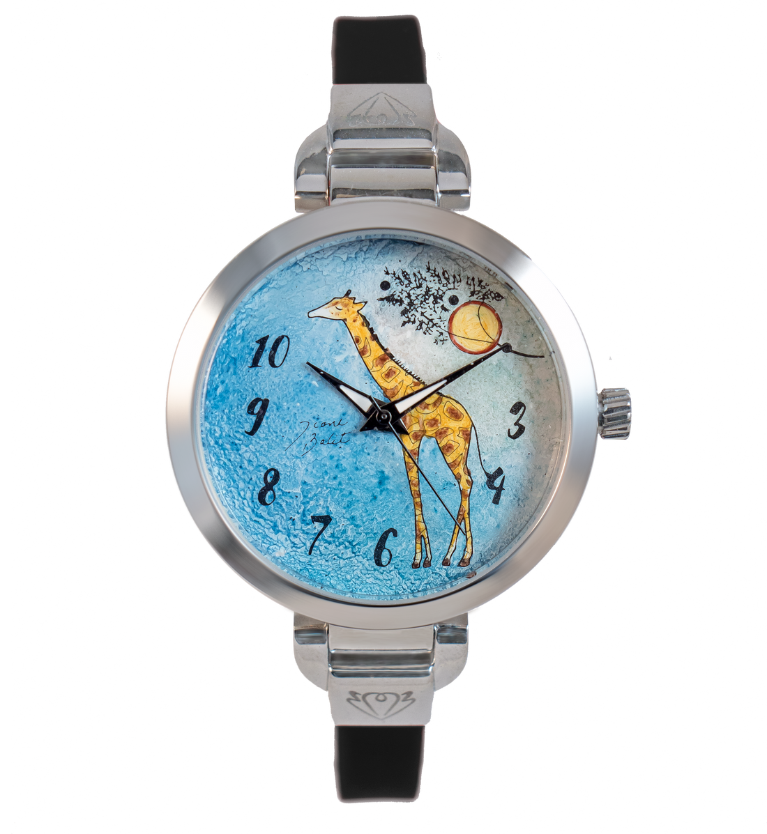 Montre femme peinte à la main acier mince bracelet silicone | GIRAFFE AVEC SOLEIL