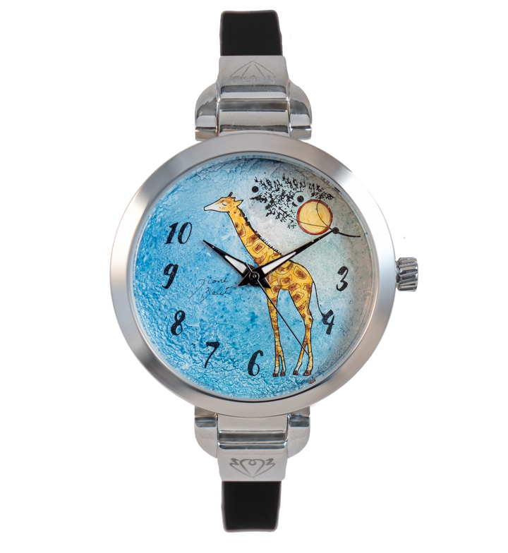 Montre femme peinte à la main acier mince bracelet silicone | GIRAFFE AVEC SOLEIL