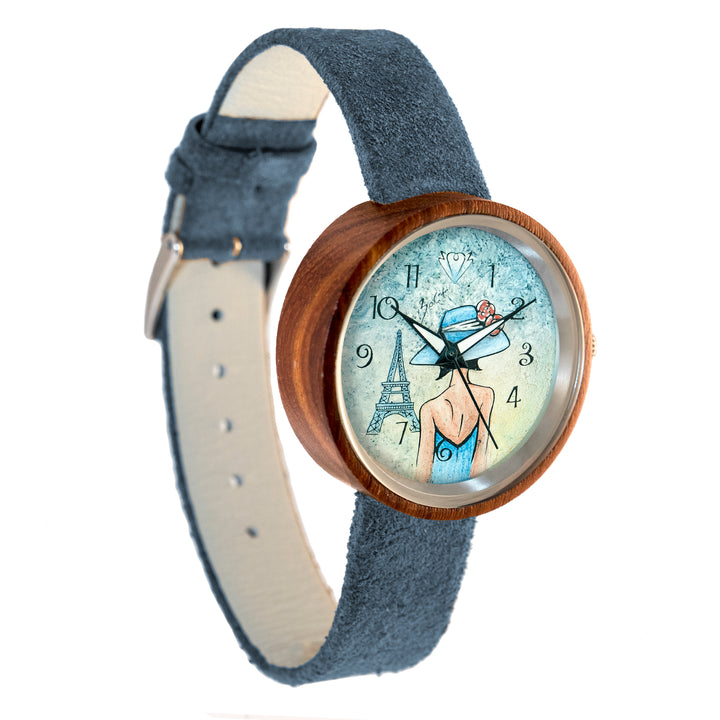 Montre femme bois exotic artistique | FEMME CHAPEAU TOUR EIFFEL