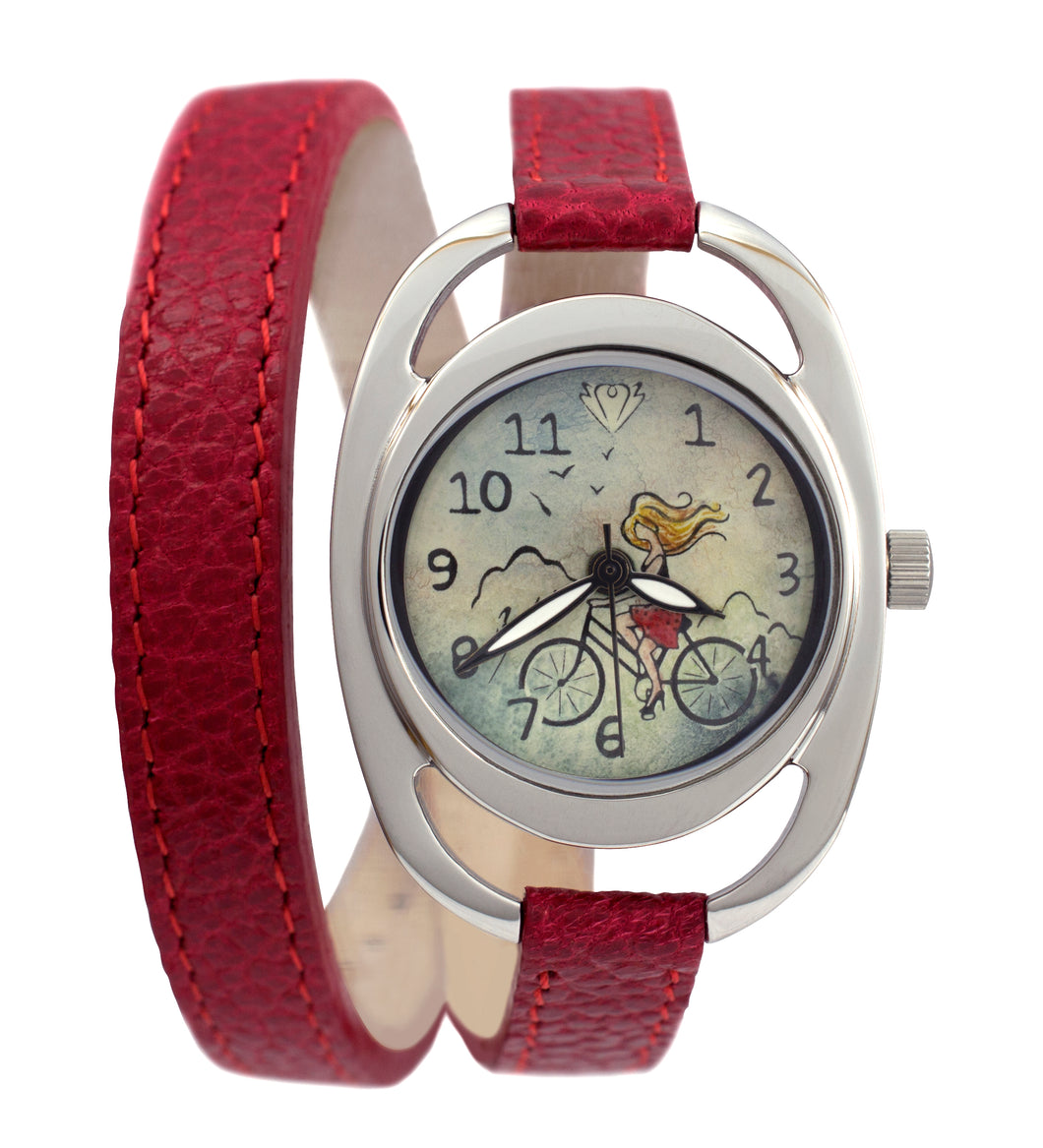 Trendy women's watch with double leather strap | GIRL ON BIKE