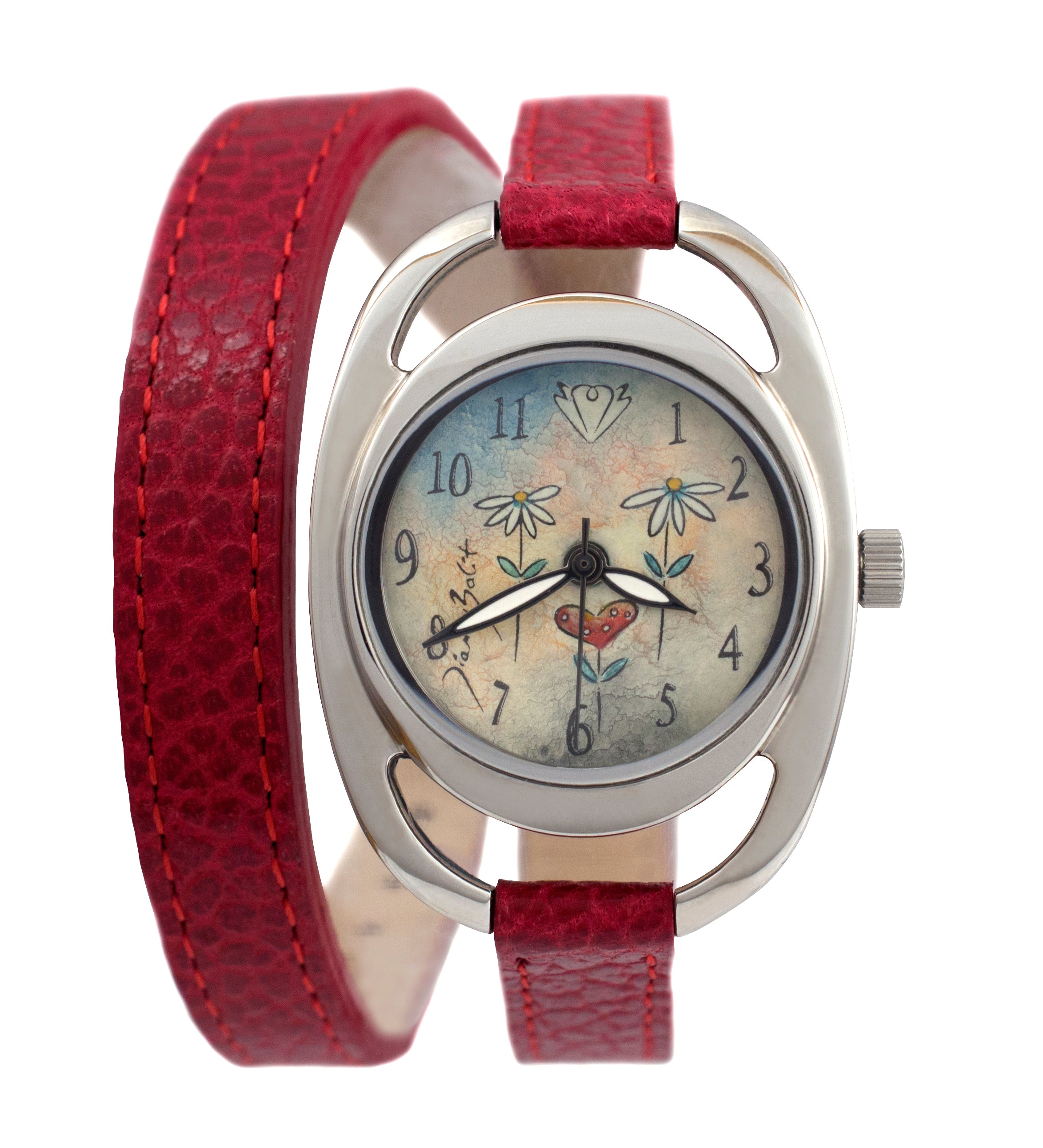 Love woman watch with double leather strap | HEART FLOWERS