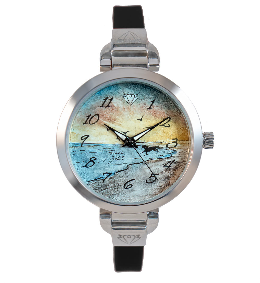Montre femme artisanale acier mince bracelet silicone  | CHIEN À LA PLAGE