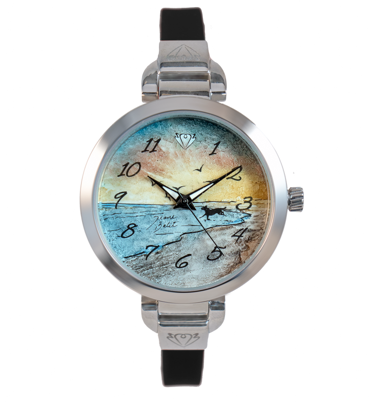Montre femme artisanale acier mince bracelet silicone  | CHIEN À LA PLAGE