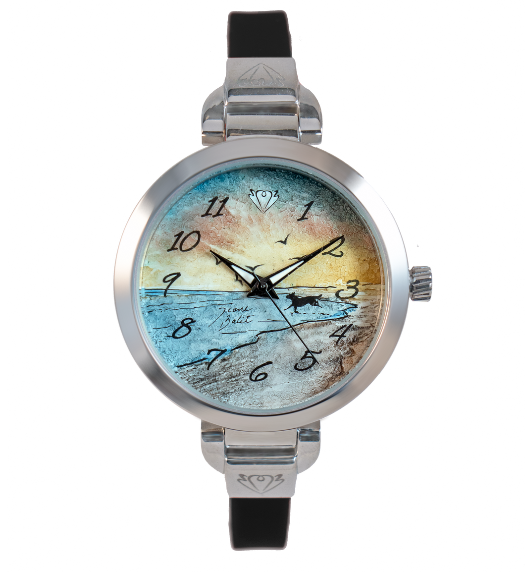 Handcrafted women's watch with thin steel silicone strap | DOG AT THE BEACH