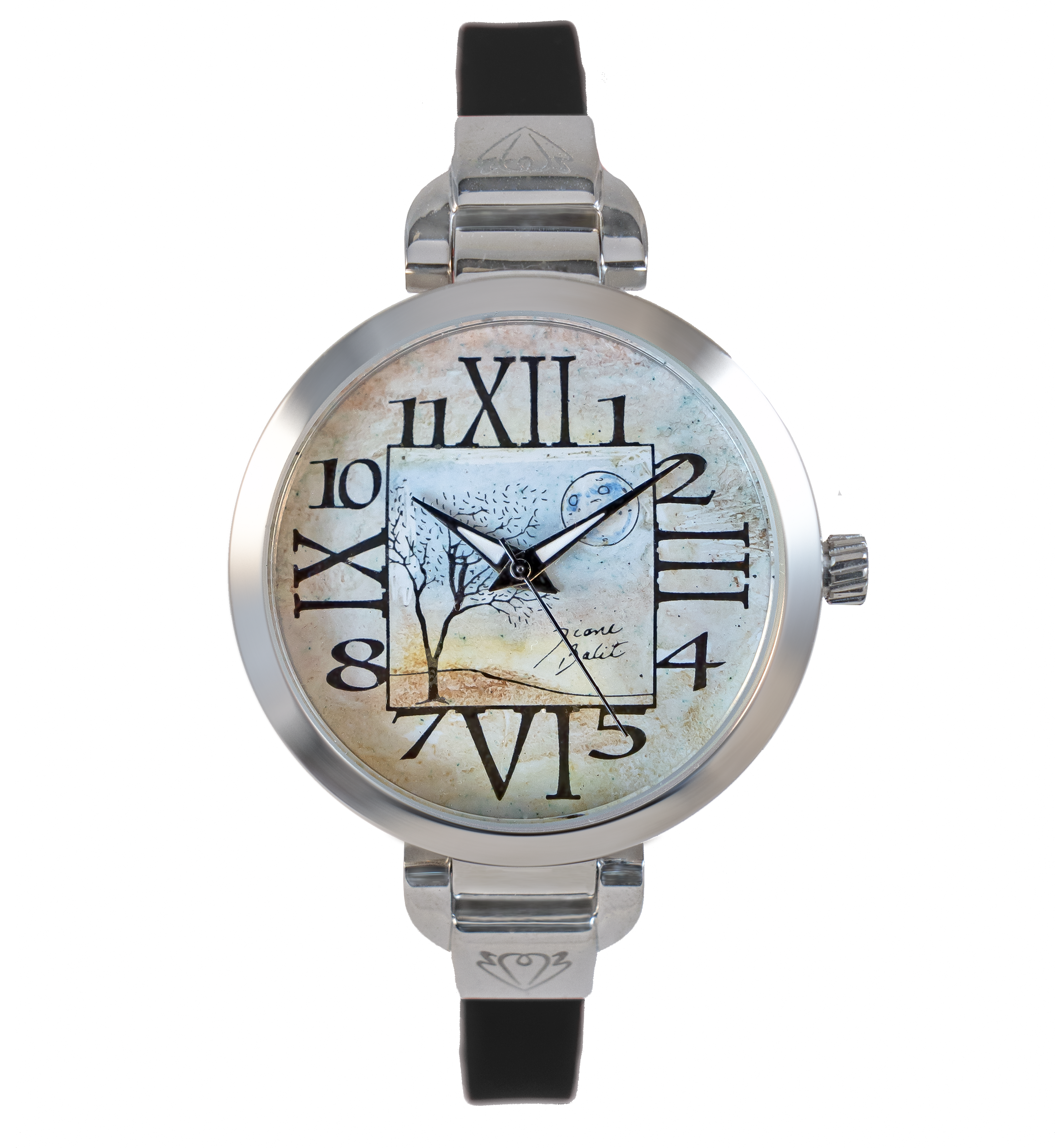 Montre femme unique acier mince bracelet silicone | CHIFFRES MODERNE AVEC ARBRE ET LUNE