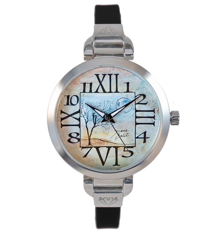 Montre femme unique acier mince bracelet silicone | CHIFFRES MODERNE AVEC ARBRE ET LUNE