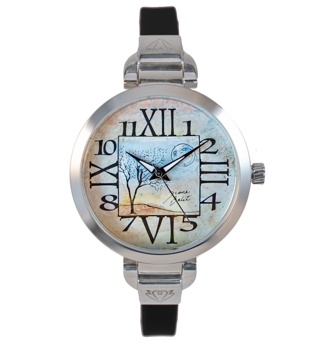 Montre femme unique acier mince bracelet silicone | CHIFFRES MODERNE AVEC ARBRE ET LUNE