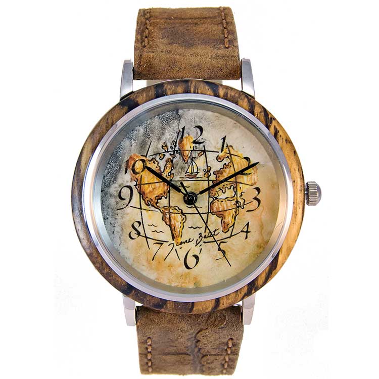 Men s wooden watch with leather strap WORLD S MAP