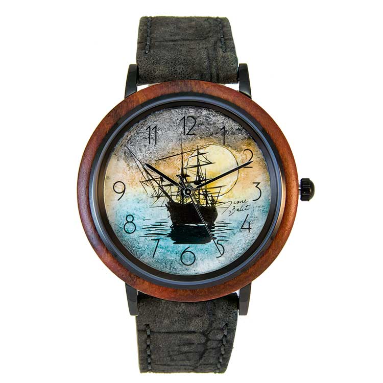 Montre  pour homme  bois et cuir  | BATEAU PIRATE