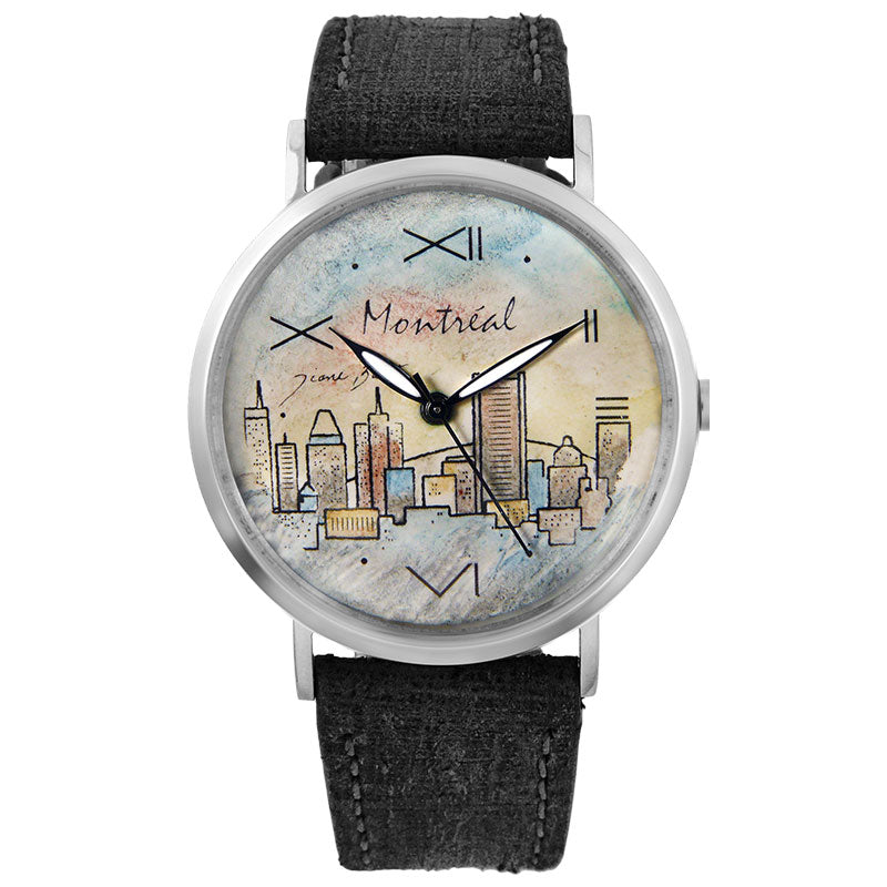 Men's watch stainless steel black leather strap | CITY OF MONTREAL