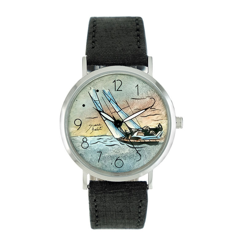 Luxury men's watch stainless steel black leather strap | SAILING SHIP