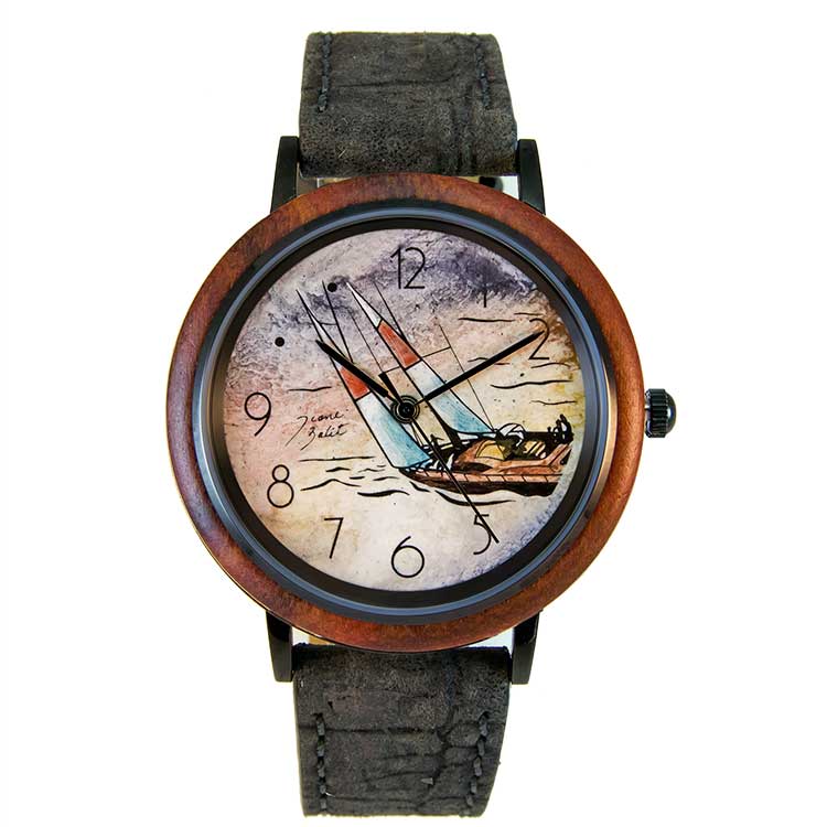 Men's wooden watch with leather strap | CATAMARAN SAILBOAT